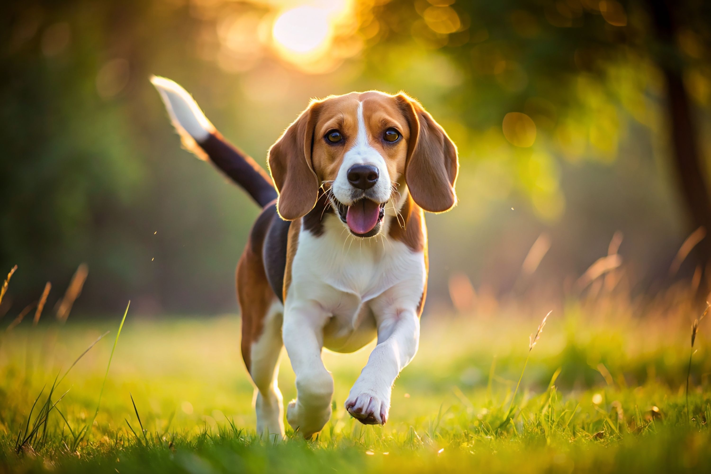 Beagle dog, trotting on the grass