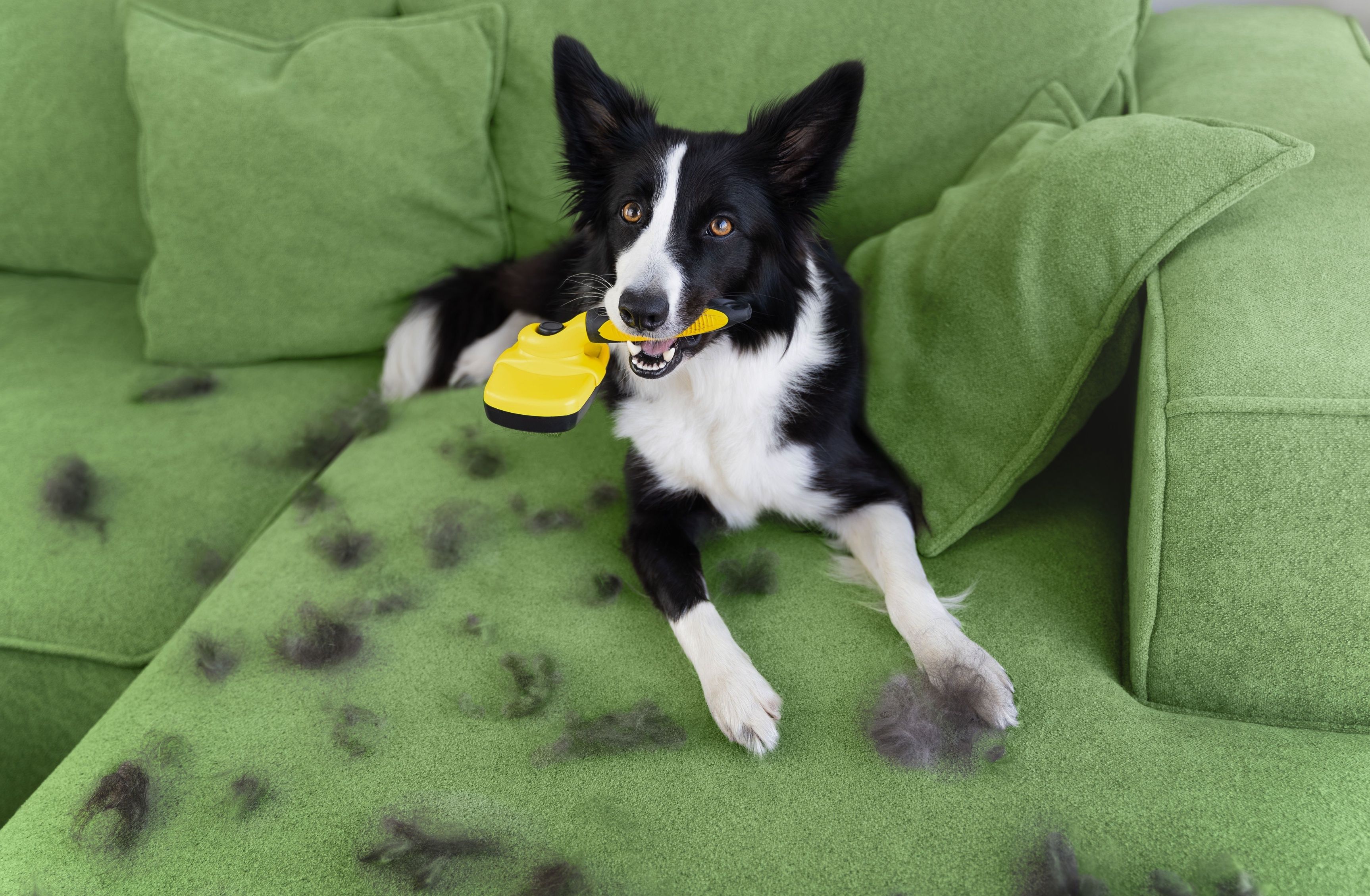 Border Collie holding grooming brush.